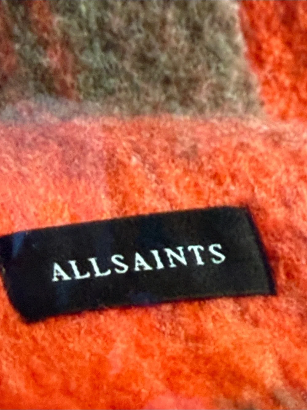 AllSaints Oversized Plaid Fringe Scarf in Orange and Green